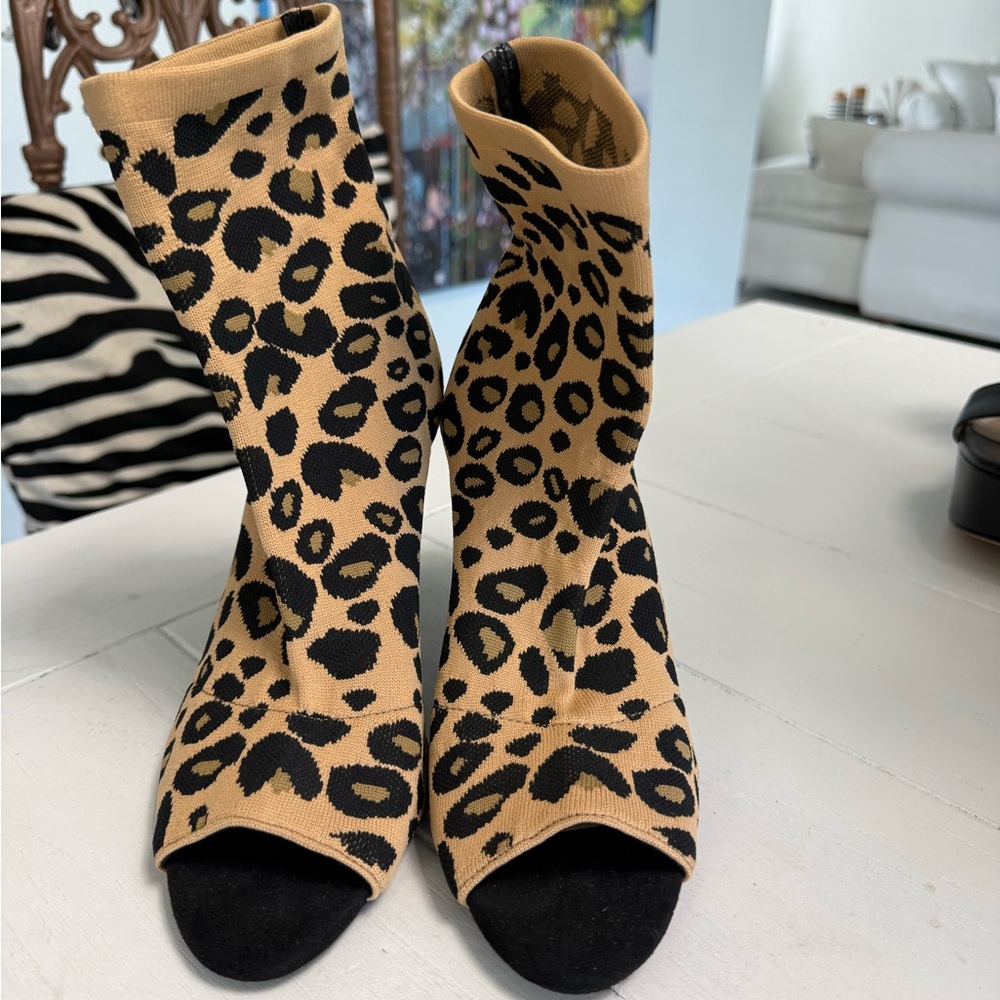 INC Leopard Print Knit Sock Booties in Tan and Black